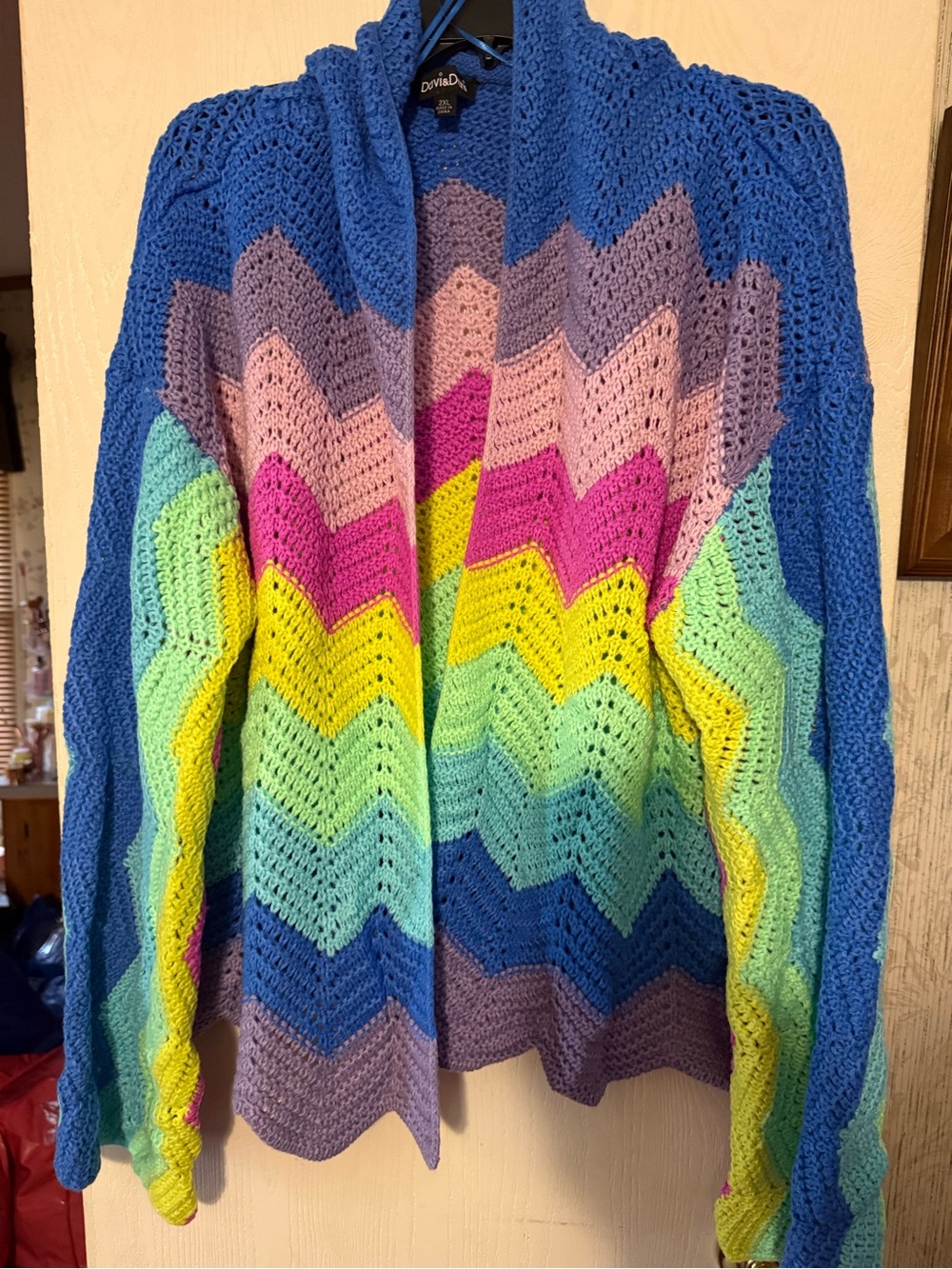 DAVI & DANI Multicolor Chevron Crochet Cardigan - Blue, Yellow, Pink, Green